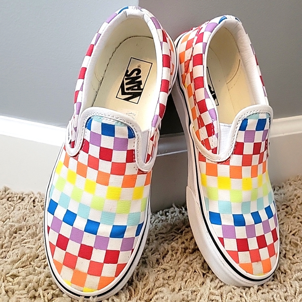 Girls rainbow checkered slip on Vans